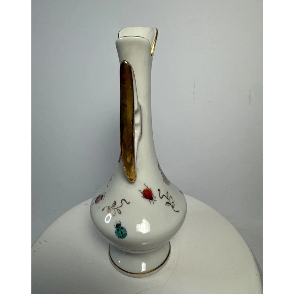 Lenwile China Ardalt Bud Vase Japan White 6.75in Butterfly Ladybug Gold Trim